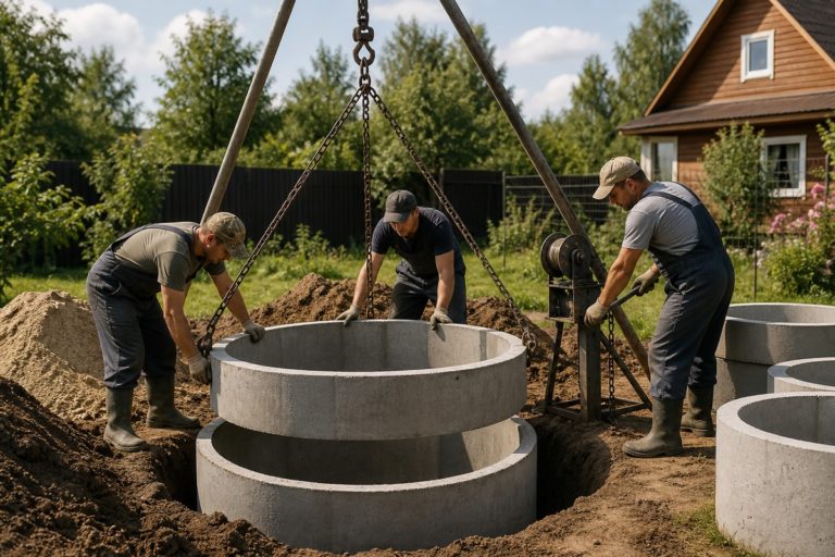 Ручная установка бетонных колец при копке колодца