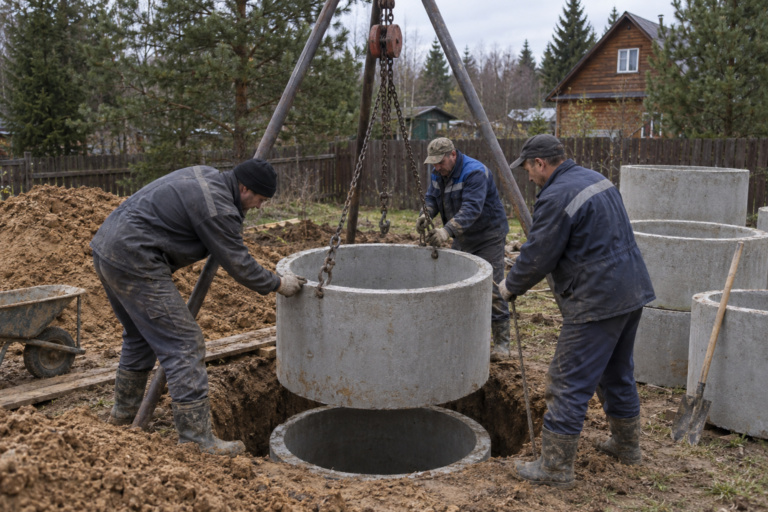 Опускаем бетонное кольцо в шахту на треноге с цепной талью